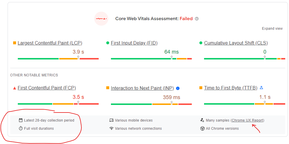 Google Pagespeed insights shows core web vitals score and metrics from real users